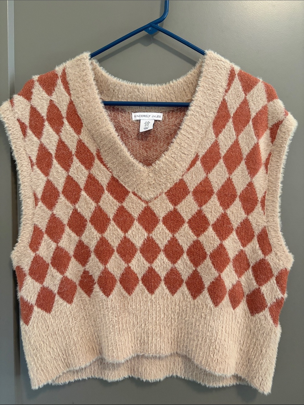 Sincerly Jules Fuzzy Argyle Knit Sweater Vest